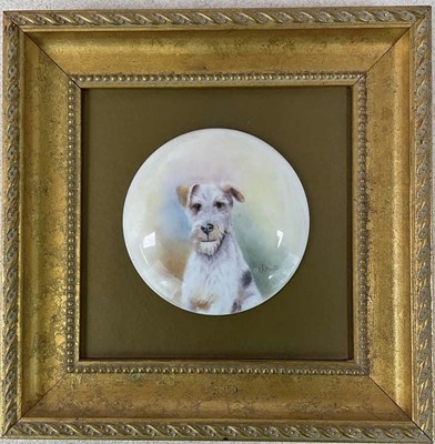 Lot 287 - E R BOOTH; painted porcelain lid, terrier dog,...