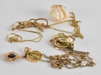 Lot 1387 - Three 9ct gold necklaces and one gold plated...