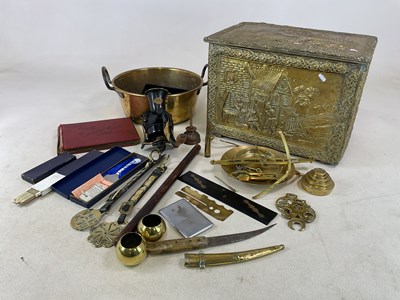 Lot 205 - An embossed brass coal bin, a set of scales, a...