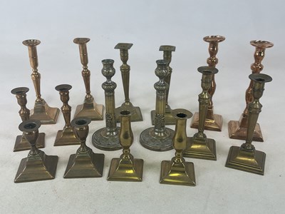 Lot 203 - Seven pairs of 19th century candlesticks and a...