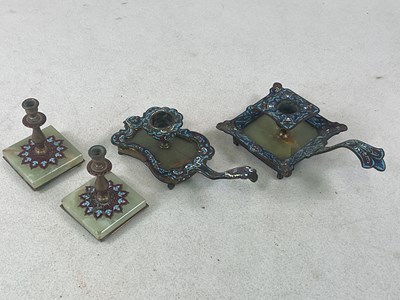 Lot 202 - A small pair of brass green onyx base and...