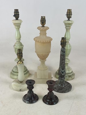 Lot 628 - A pair of onyx lamp bases, height 39cm, two...