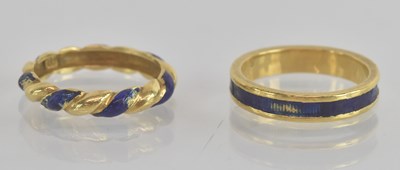 Lot 1240 - Two yellow metal and blue enamelled wedding...