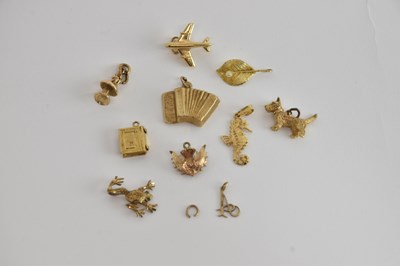 Lot 1188 - Ten 9ct gold loose charms including aeroplane,...