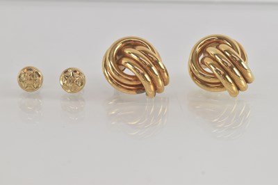 Lot 1451 - Two pairs of 9ct gold earrings comprising a...