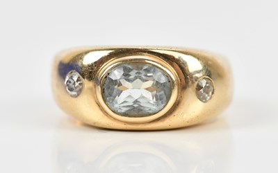 Lot 343 - A yellow metal diamond and aquamarine three...