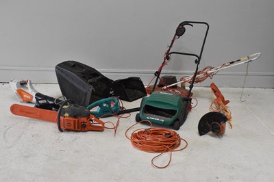 Lot 1242 - Two electric lawn mowers, chainsaw, hedge...