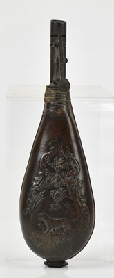 Lot 1400 - A leather powder flask with embossed...