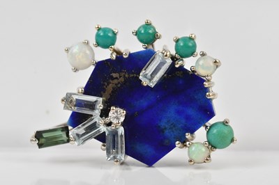 Lot 235 - A white metal diamond, opal, aquamarine and...