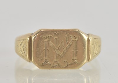 Lot 1303 - A 9ct gold signet ring, the rectangular table...