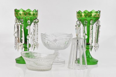 Lot 1736 - A pair of Victorian green glass table lustres,...