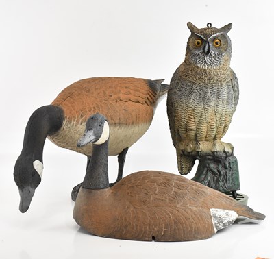 Lot 1531 - Two decoy geese and a decoy owl, largest...