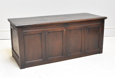Lot 1121 - An 18th century oak carved chest, inscribed...