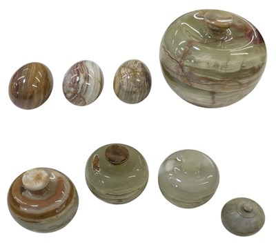 Lot 258 - An onyx carved hardstone lidded pot, height...