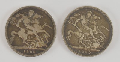 Lot 1691 - Two Victoria silver crowns, 1889, both with...