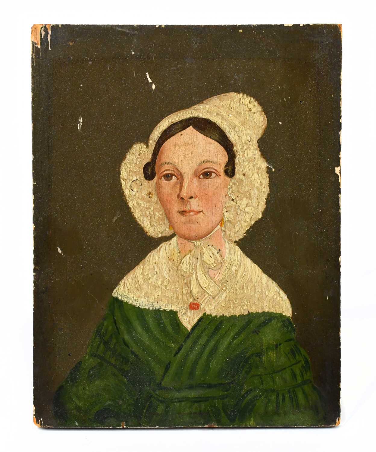 Lot 1409 - MID-19TH CENTURY BRITISH SCHOOL; oil on panel representing a Victorian maiden