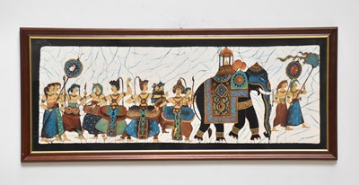 Lot 1407 - An ebru watercolour on silk, warriors and...
