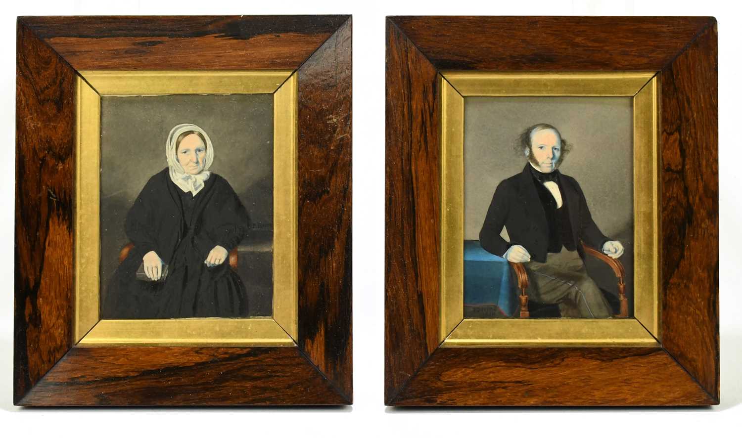 Lot 1442 - A pair of 19th century overpainted prints representing a typical Victorian gentleman and lady