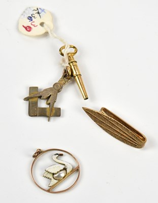 Lot 13 - A yellow metal enamel and pearl set pendant,...