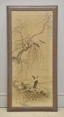 Lot 1545 - A Japanese watercolour on silk, birds in the...