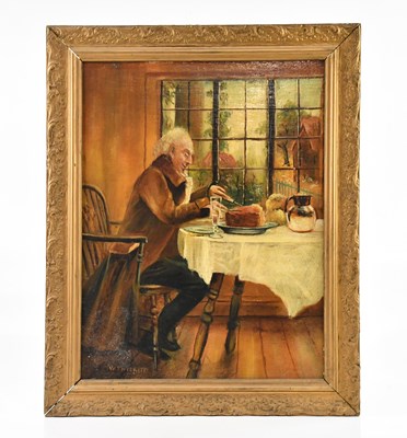 Lot 1063 - W THICKETT; oil on board, man at dining table,...