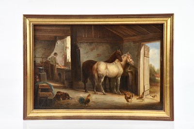 Lot 1118 - A 19th century oil on board, horses in a...