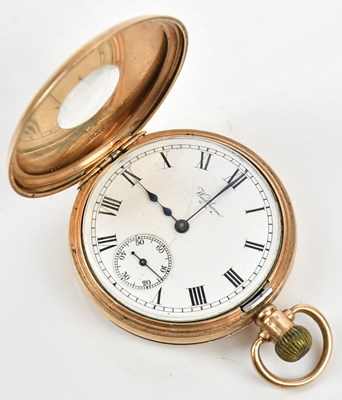 Lot 513 - WALTHAM; a crown wind half hunter 9ct gold...