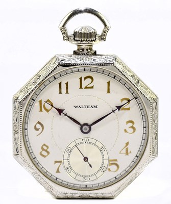 Lot 1814 - WALTHAM; a white metal crown wind pocket watch,...