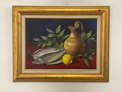 Lot 284 - UNATTRIBUTED: oil on board, still life of fish...