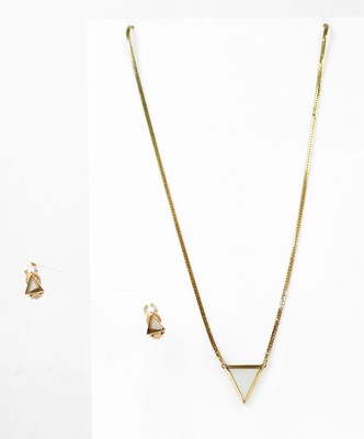 Lot 883 - A 9ct gold necklace with triangular pendant...