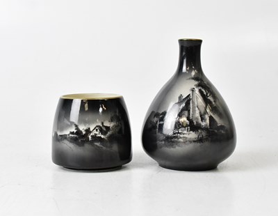 Lot 292 - ROYAL WORCESTER; two black and white vases,...