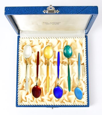 Lot 696 - DAVID ANDERSEN; a set of six enamelled silver...