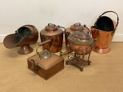 Lot 134 - Assorted copper coal scuttles, samovar,...