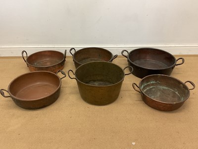 Lot 120 - Six copper and brass jam preserving pans,...
