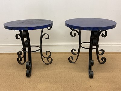 Lot 351 - A pair of blue lapis circular side tables on a...