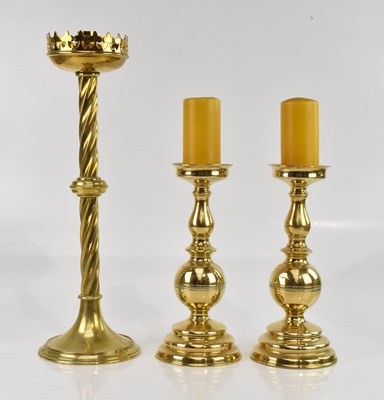 Lot 1512 - A pair of brass candlesticks with pricket...