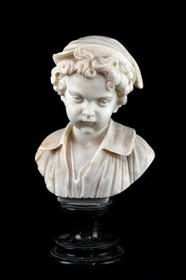 Lot 409 - A marble bust of a young boy, on marble plinth...