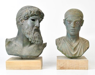 Lot 413 - Two bronzed Grecian busts after the antique,...