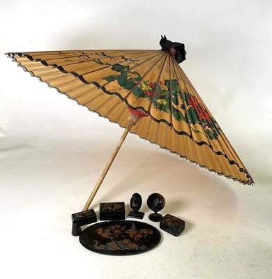 Lot 39 - A Chinese lacquered smoking set, a small...