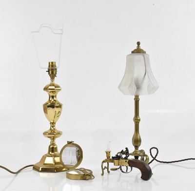 Lot 1824 - A 19th century brass table lamp with frosted...