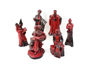 Lot 100 - ROYAL DOULTON; six flambé pottery figures, all...
