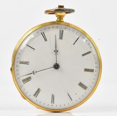Lot 519 - A yellow metal key wind open faced fob watch,...