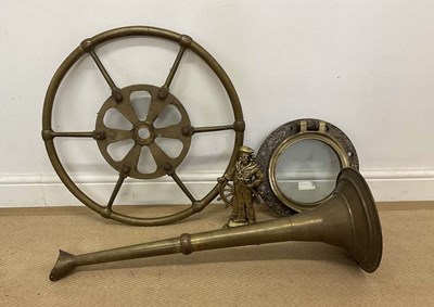 Lot 69 - A brass ship's wheel, diameter 59cm, and a...