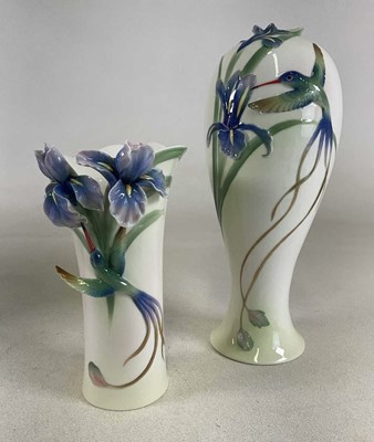 Lot 177 - FRANZ PORCELAIN; two hummingbird vases, taller...