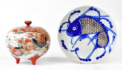 Lot 339 - A Japanese Kutani ware lidded jar painted with...