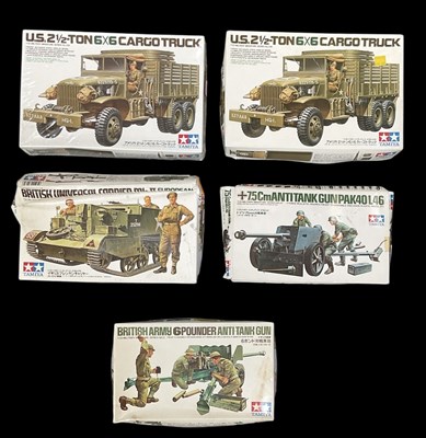 Lot 343 - TAMIYA; five 1:35 scale model army vehicles...