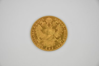 Lot 585 - An Austrian Franz Joseph four ducat gold coin,...