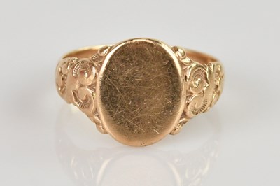 Lot 493 - A 9ct gold oval signet ring, with blank oval...