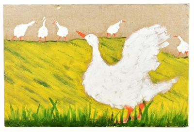 Lot 454 - JACOB SUTTON; oil on canvas, geese in field,...