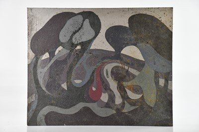 Lot 188 - MAJOR; oil on board, figure in stylised...